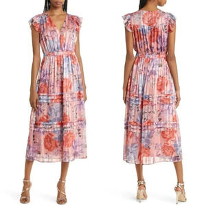 New Adelyn Rae Emmie Pleated Midi Dress in Desert Coral Size XS Metallic Flutter